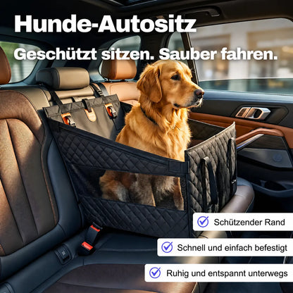 Hunde-Autositz mit schützendem Rand, sicher befestigt und ideal für saubere, entspannte Autofahrten