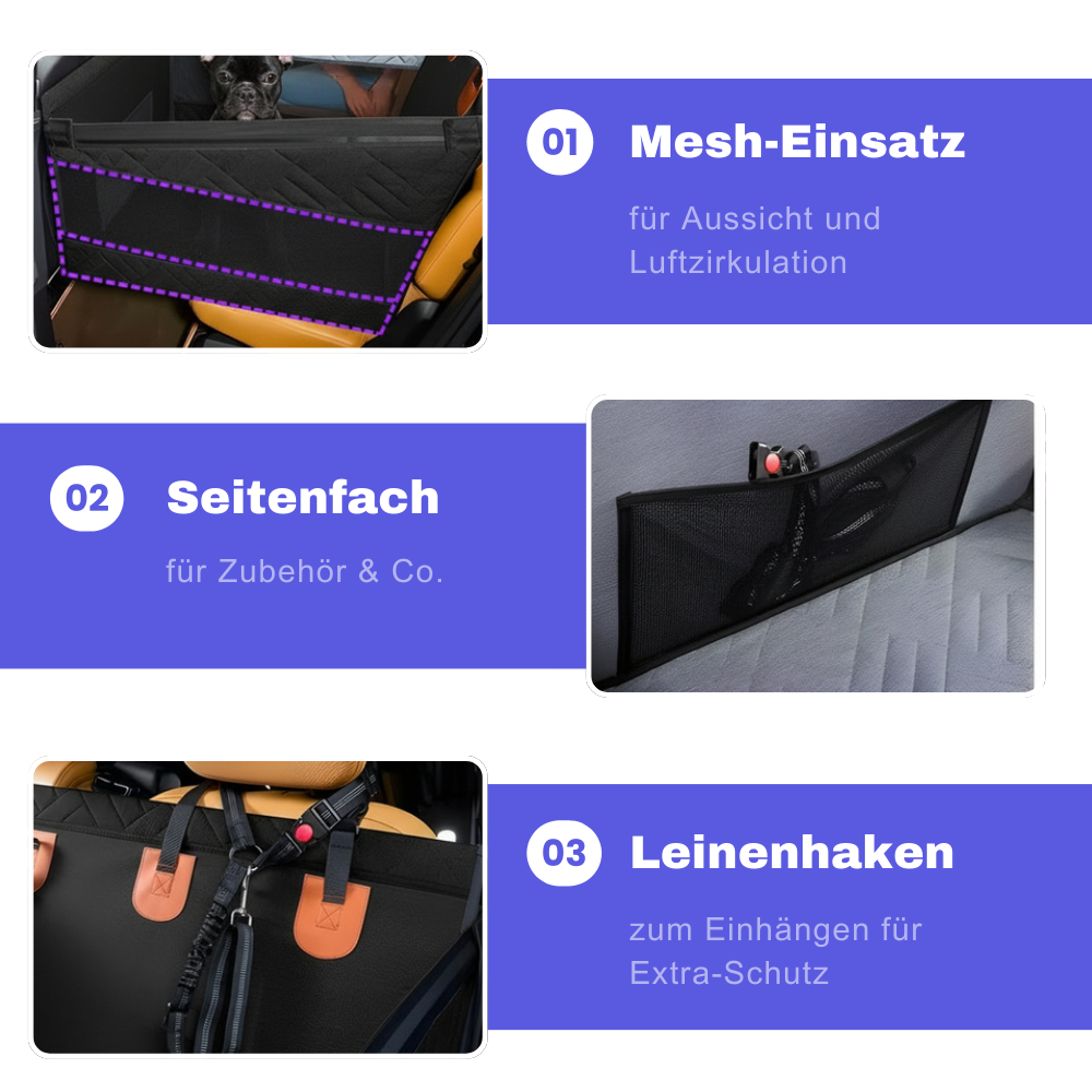 Hunde-Autositz mit Mesh-Einsatz, Seitenfach und Leinenhaken