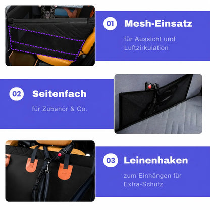 Hunde-Autositz mit Mesh-Einsatz, Seitenfach und Leinenhaken für mehr Sicherheit und Komfort im Auto