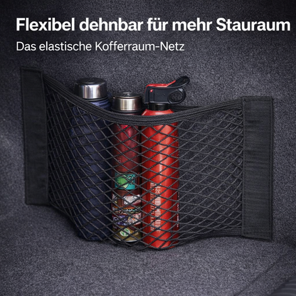 Elastisches schwarzes Kofferraum-Aufbewahrungsnetz aus Nylon mit verstauten Flaschen