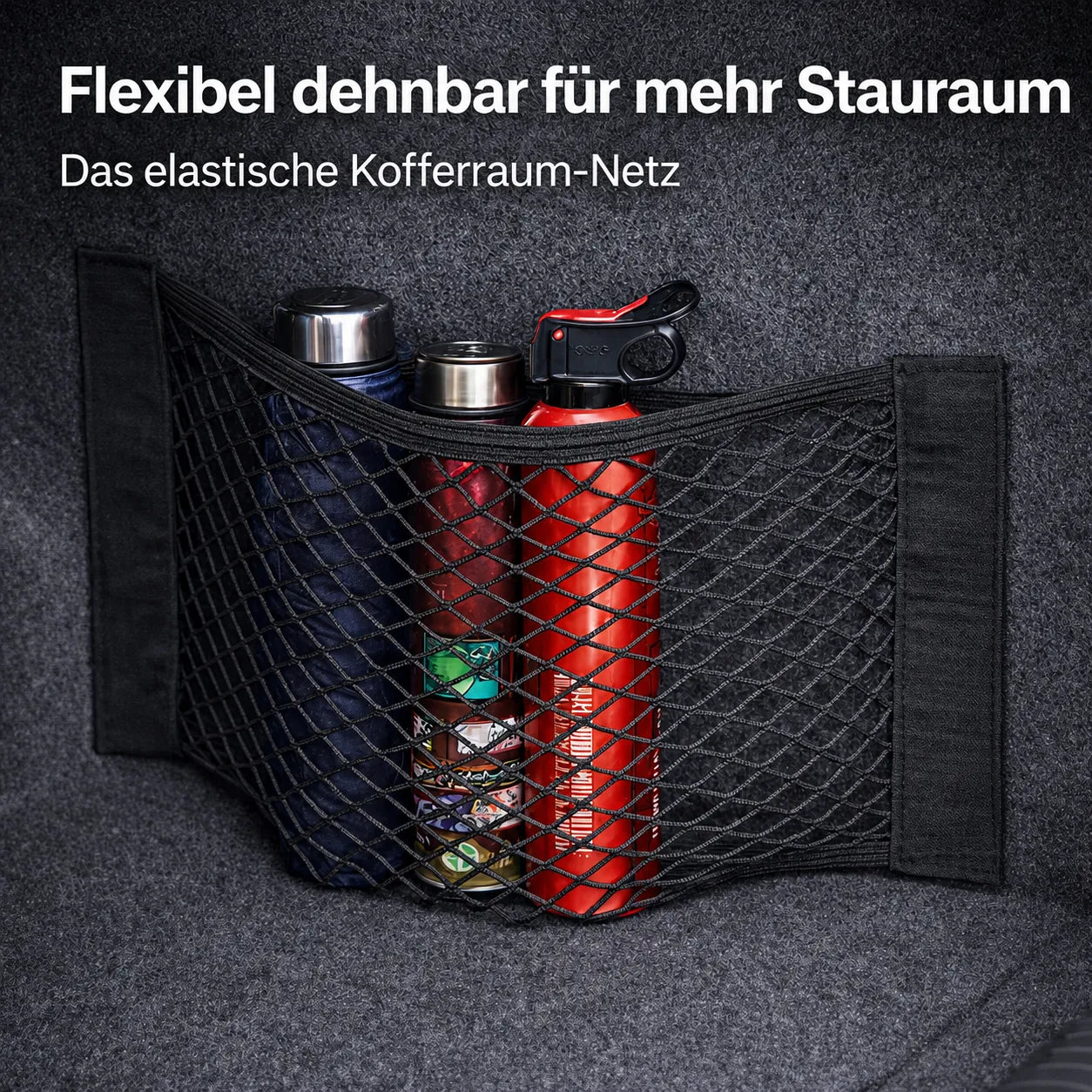 Kofferraum-Aufbewahrungsnetz aus Nylon flexibel dehnbar, schafft Stauraum und hält Gegenstände sicher im Auto