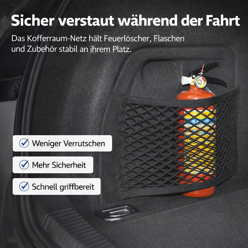 Schwarzes Kofferraum-Aufbewahrungsnetz aus Nylon mit befestigtem Feuerlöscher