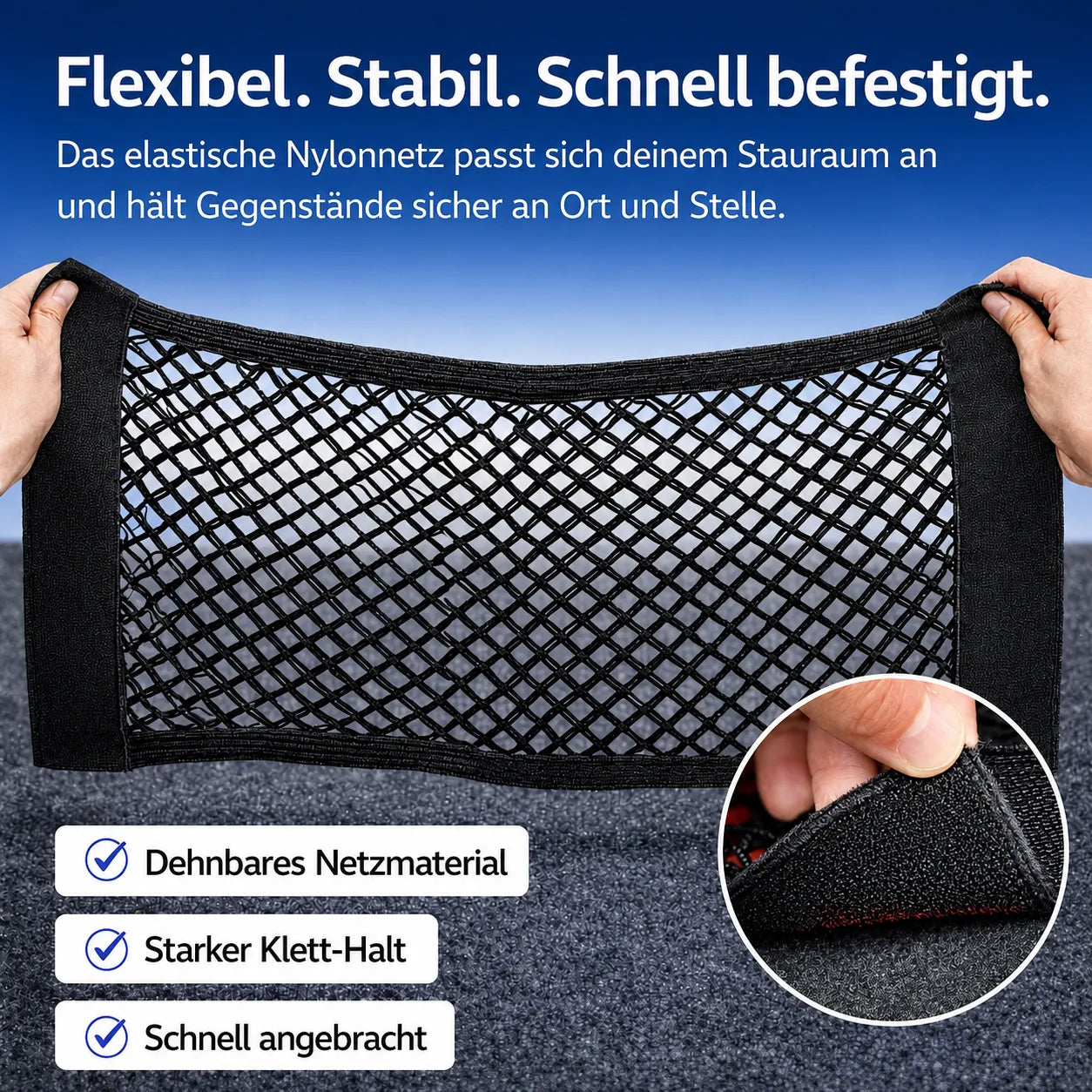 Kofferraum-Aufbewahrungsnetz aus Nylon elastisch und stabil, mit starkem Klett-Halt schnell befestigt