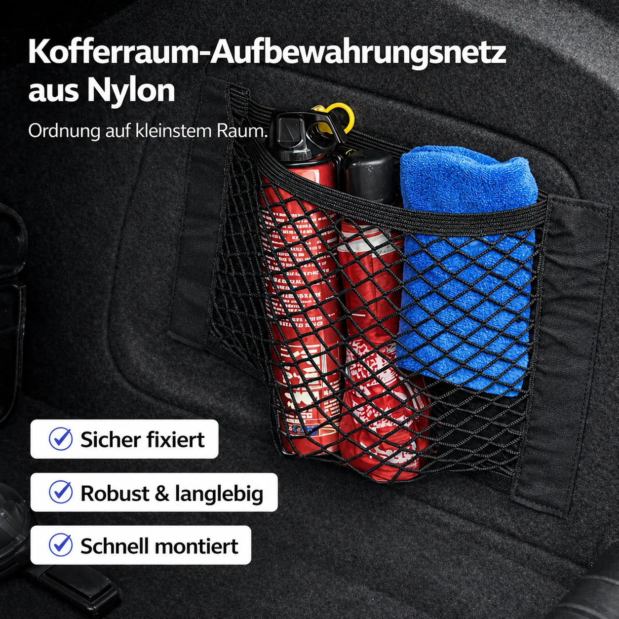 Kofferraum-Aufbewahrungsnetz aus Nylon, robust, sicher fixiert und ideal für Ordnung im Auto