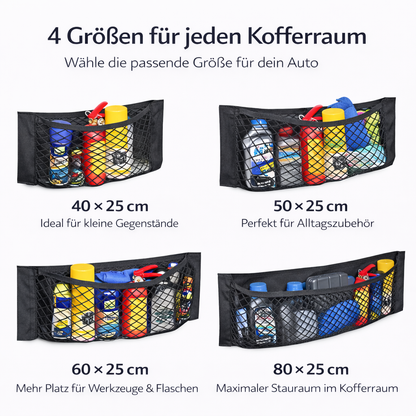 Kofferraum-Aufbewahrungsnetz aus Nylon in vier Größen von 40 x 25 cm bis 80 x 25 cm