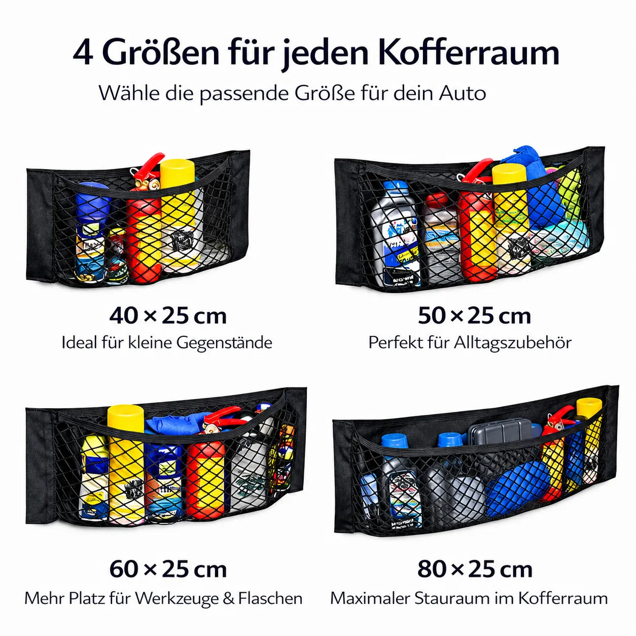 Kofferraum-Aufbewahrungsnetz aus Nylon in 4 Größen, flexibel und ideal für Ordnung im Kofferraum