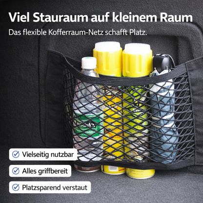 Schwarzes Kofferraum-Aufbewahrungsnetz aus Nylon mit verstauten Flaschen und Zubehör