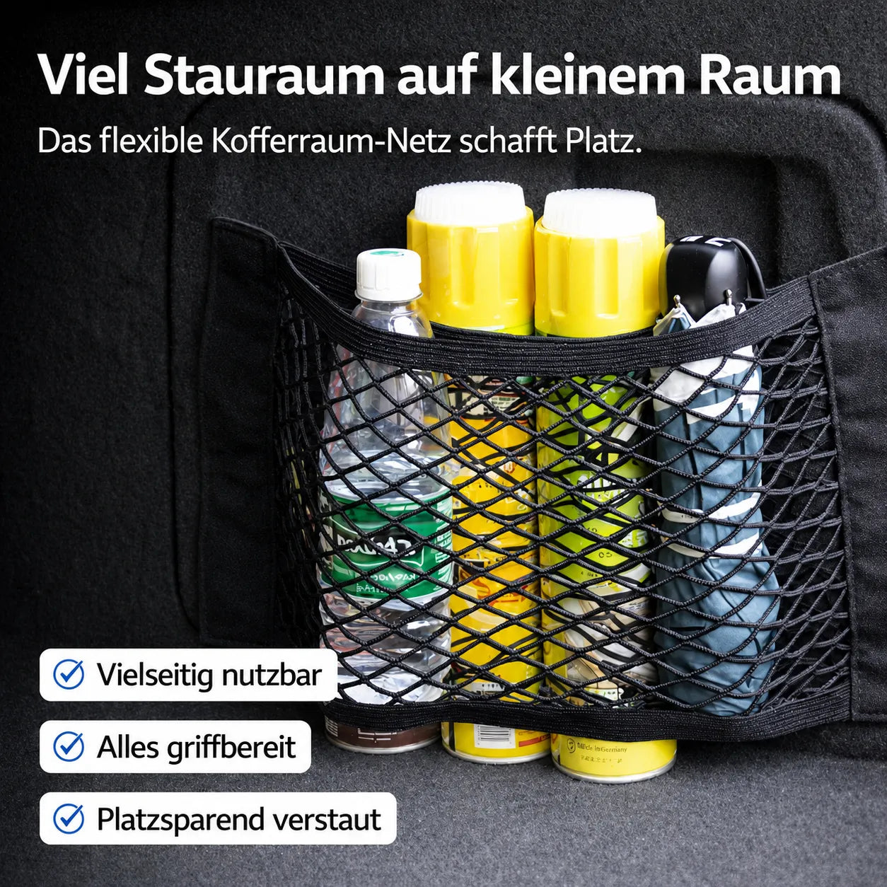 Kofferraum-Aufbewahrungsnetz aus Nylon mit viel Stauraum, flexibel, platzsparend und alles griffbereit im Auto