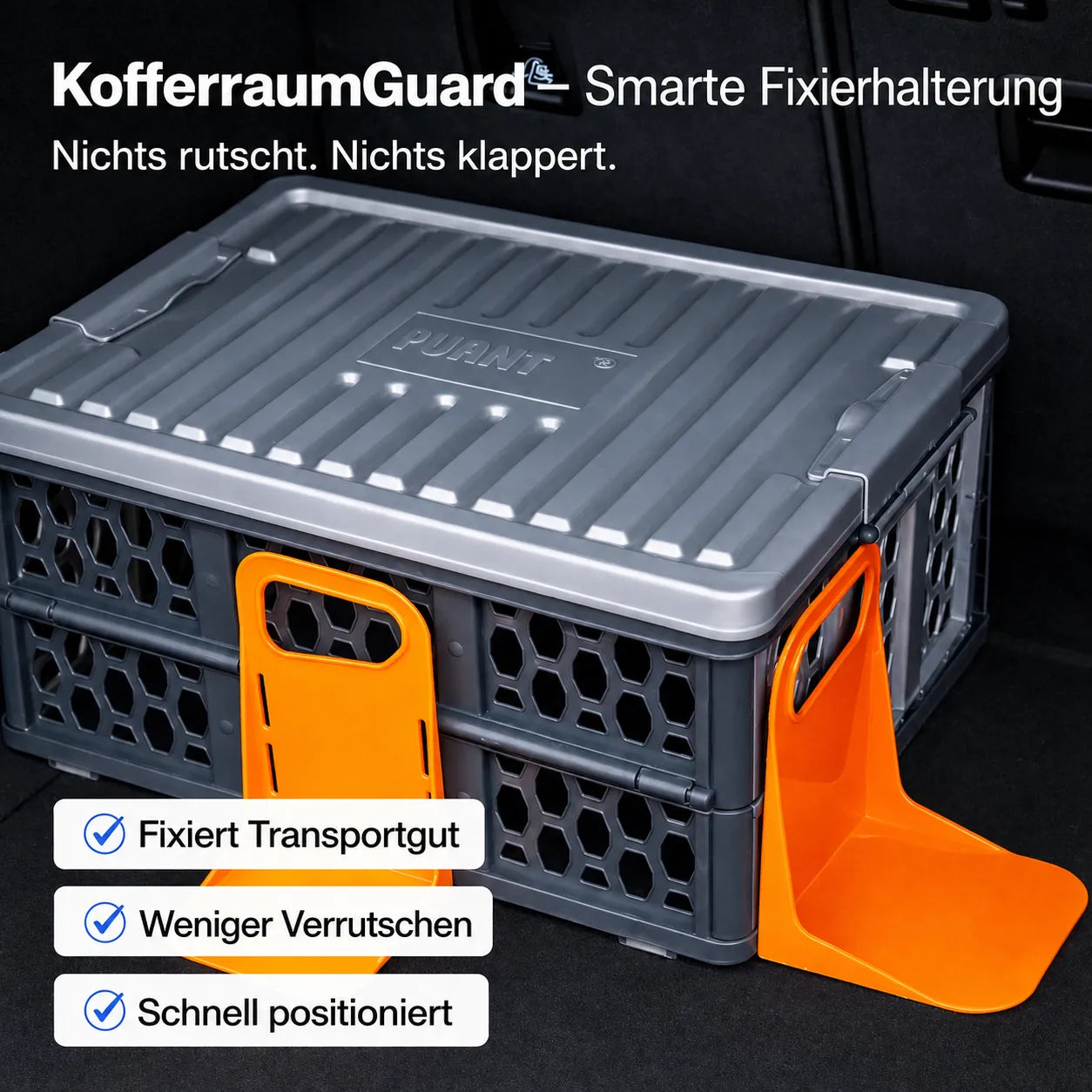 KofferraumGuard – Smarte Fixierhalterung fixiert Transportgut sicher, verhindert Verrutschen und Klappern im Kofferraum