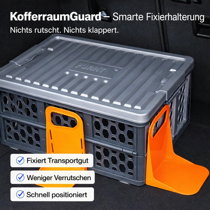 KofferraumGuard Fixierhalterung mit zwei orangefarbenen Stoppern zur Stabilisierung einer Transportbox im Kofferraum