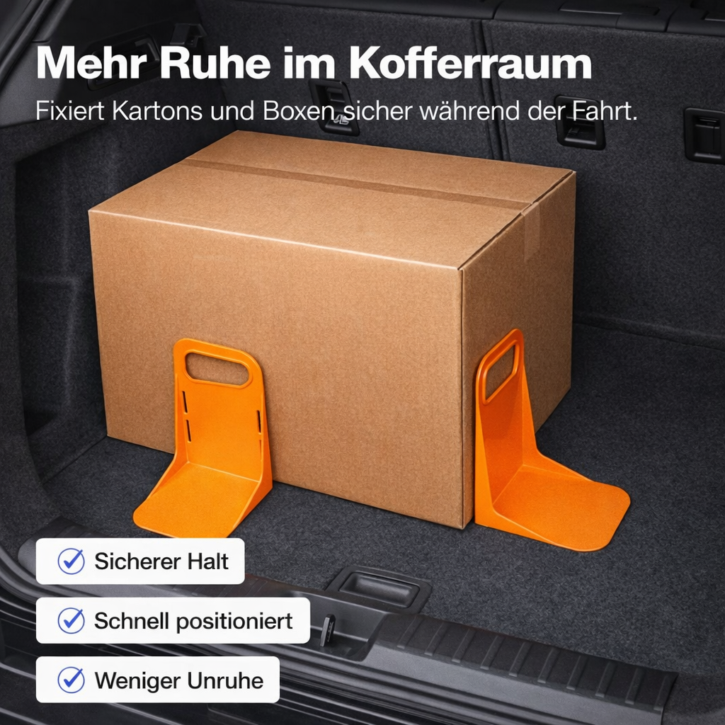 Zwei orangefarbene KofferraumGuard Stopper fixieren einen Karton sicher im Kofferraum