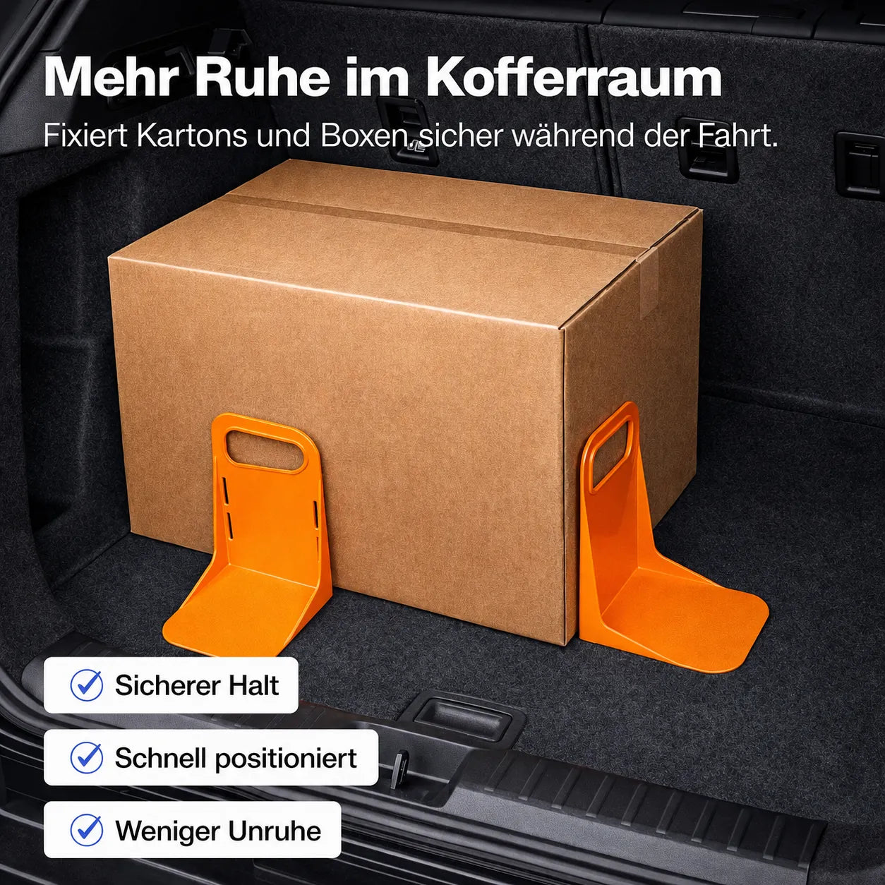 KofferraumGuard – Smarte Fixierhalterung für sicheren Halt von Kartons, verhindert Rutschen und Klappern