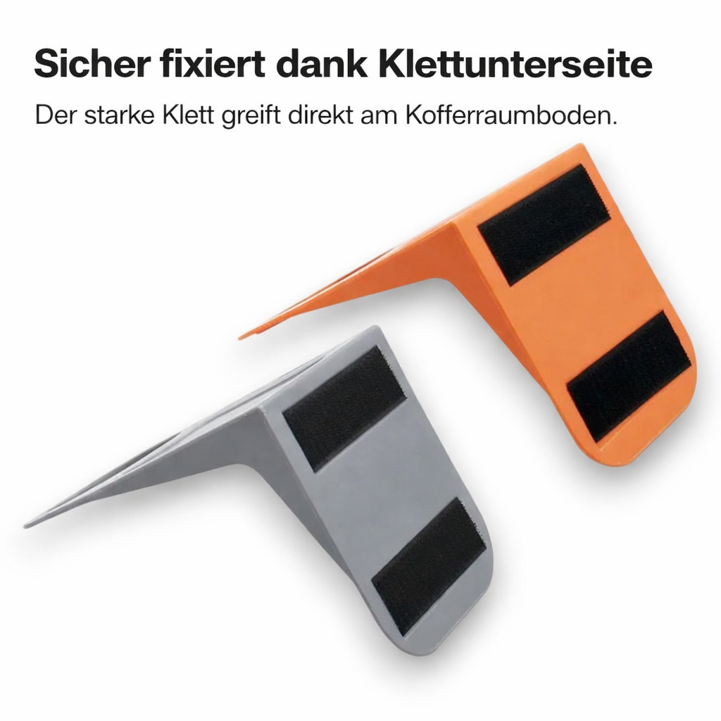 KofferraumGuard Fixierhalterungen mit Klettunterseite in Orange und Grau für sicheren Halt im Kofferraum