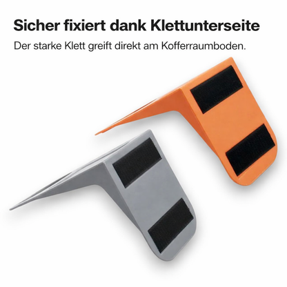 KofferraumGuard Fixierhalterungen mit Klettunterseite in Orange und Grau für sicheren Halt im Kofferraum