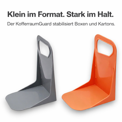 Zwei KofferraumGuard Fixierhalterungen in Grau und Orange zur Stabilisierung von Boxen und Kartons