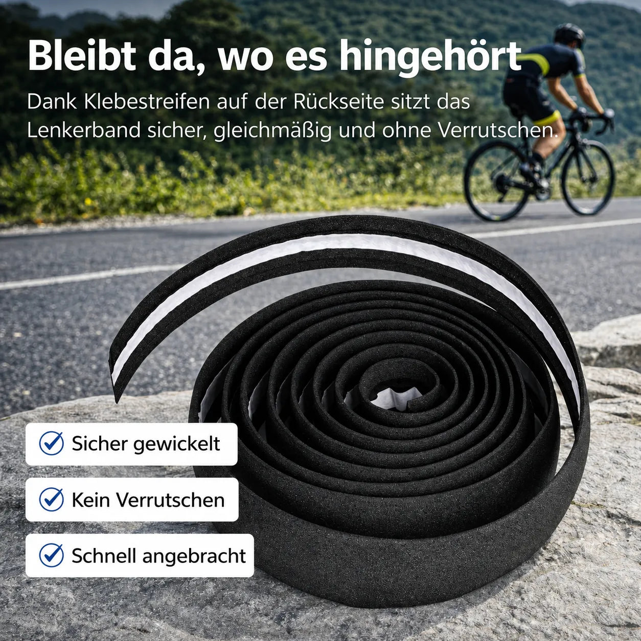 Komfort-Lenkerband für Rennräder mit Klebestreifen, sicher gewickelt, kein Verrutschen und schnell angebracht