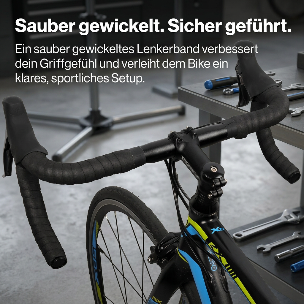 Schwarzes Komfort-Lenkerband sauber am Rennradlenker montiert für sicheren Grip und sportliches Cockpit-Finish
