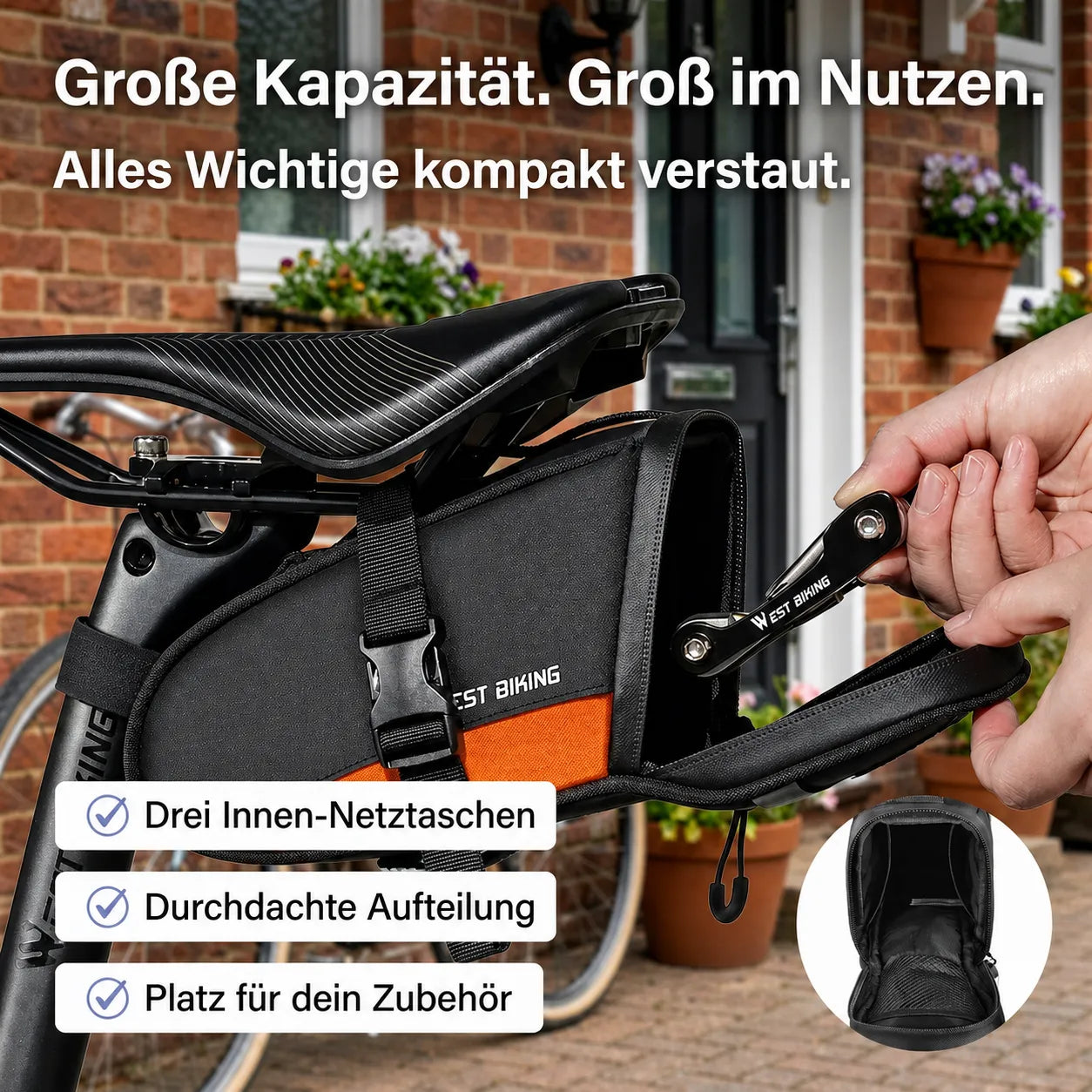 Kompakte Fahrrad-Satteltasche mit drei Innen-Netztaschen, viel Stauraum und durchdachter Aufteilung für Tools