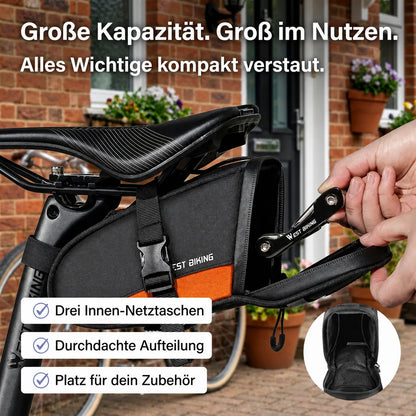 Kompakte Fahrrad-Satteltasche mit drei Innen-Netztaschen, viel Stauraum und durchdachter Aufteilung für Tools