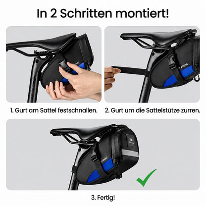 Kompakte Fahrrad-Satteltasche in 2 Schritten montiert, sicher fixiert und sofort einsatzbereit für jede Tour