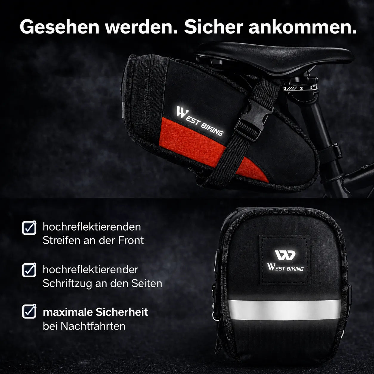 Kompakte Fahrrad-Satteltasche mit hochreflektierenden Streifen für maximale Sichtbarkeit bei Nachtfahrten