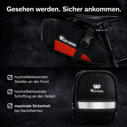 Kompakte Fahrrad-Satteltasche mit hochreflektierenden Streifen für maximale Sichtbarkeit bei Nachtfahrten