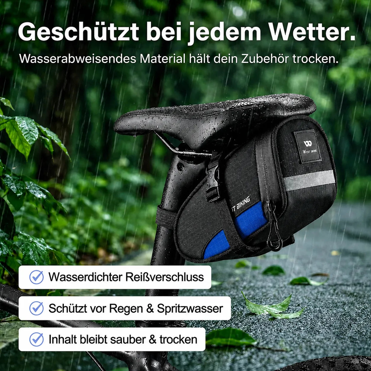 Kompakte Fahrrad-Satteltasche wasserabweisend mit wasserdichtem Reißverschluss, hält Zubehör trocken bei jedem Wetter