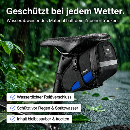 Kompakte Fahrrad-Satteltasche wasserabweisend mit wasserdichtem Reißverschluss, hält Zubehör trocken bei jedem Wetter