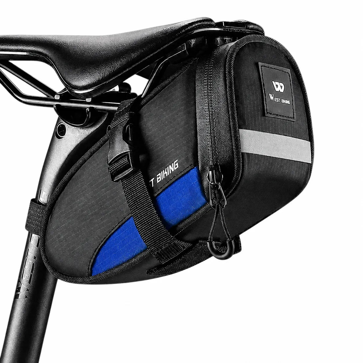 Kompakte Fahrrad-Satteltasche in Schwarz-Blau, leicht, reflektierend und sicher am Sattel befestigt