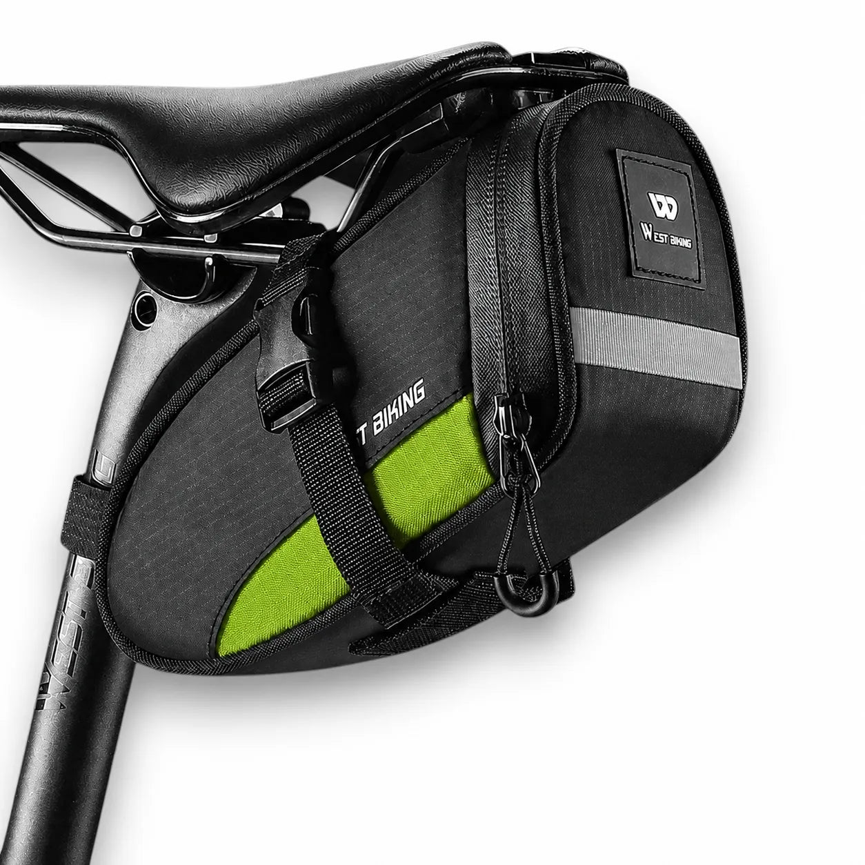 Kompakte Fahrrad-Satteltasche in Schwarz-Grün, leicht, reflektierend und sicher am Sattel befestigt