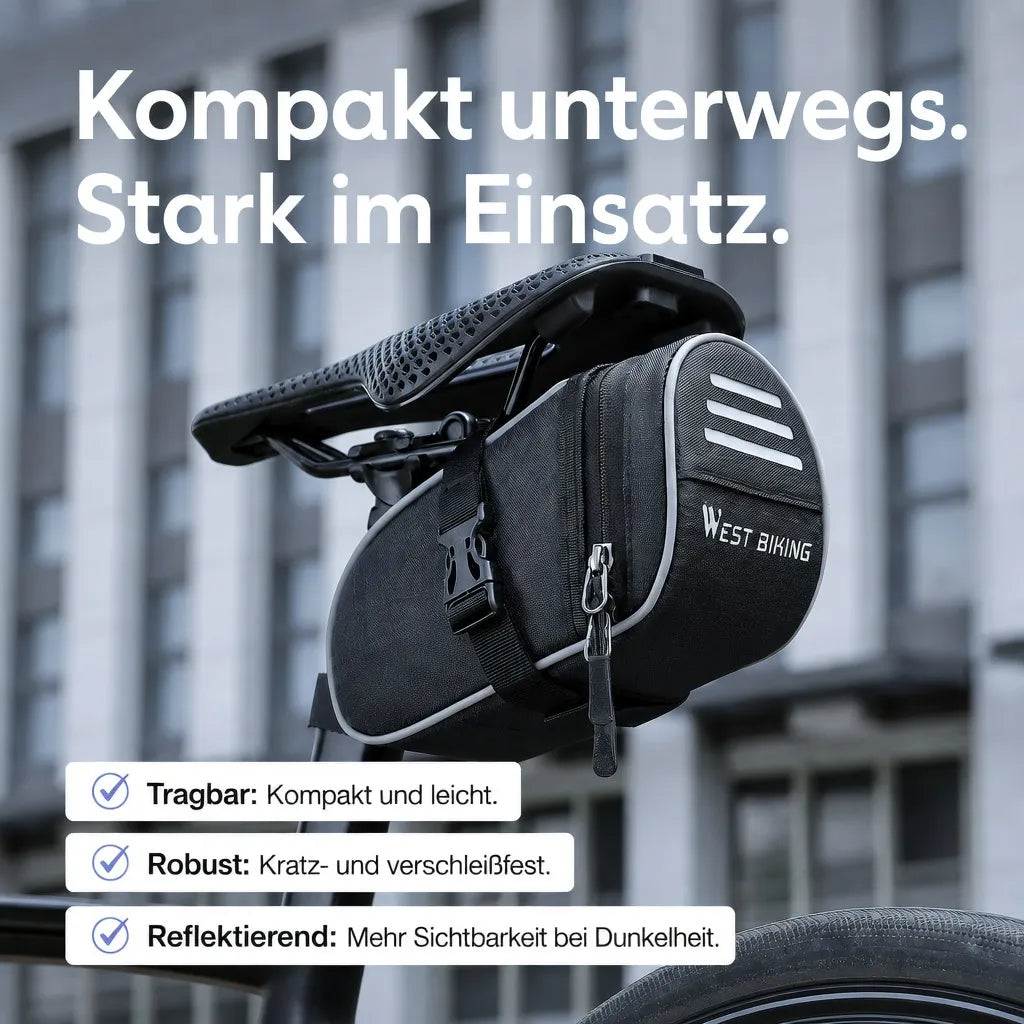 Kompakte Satteltasche, leicht, robust und reflektierend für sichere Touren bei Tag und Nacht