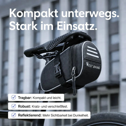 Kompakte Satteltasche, leicht, robust und reflektierend für sichere Touren bei Tag und Nacht