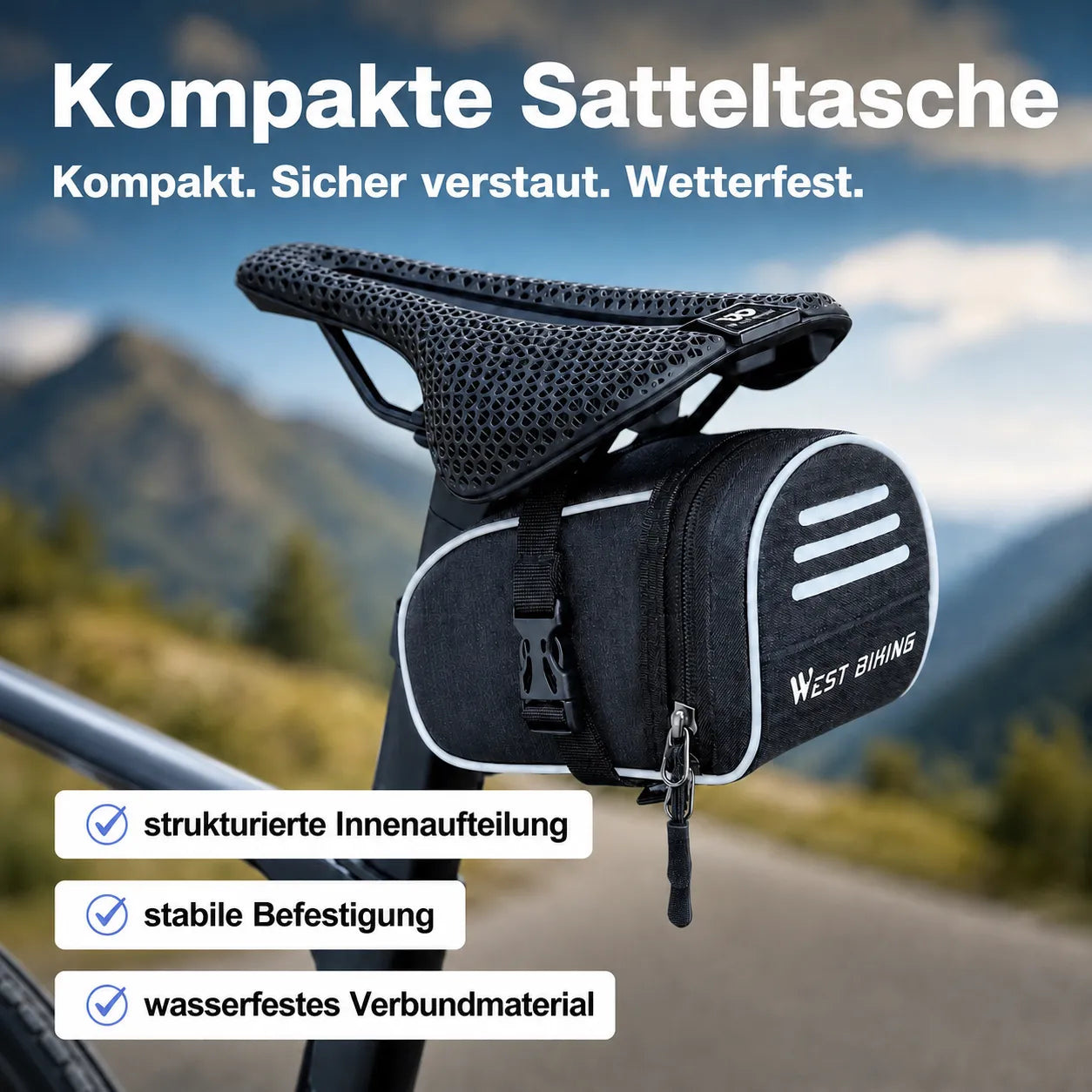 Kompakte Satteltasche, wetterfest, mit stabiler Befestigung und strukturierter Innenaufteilung für jede Tour