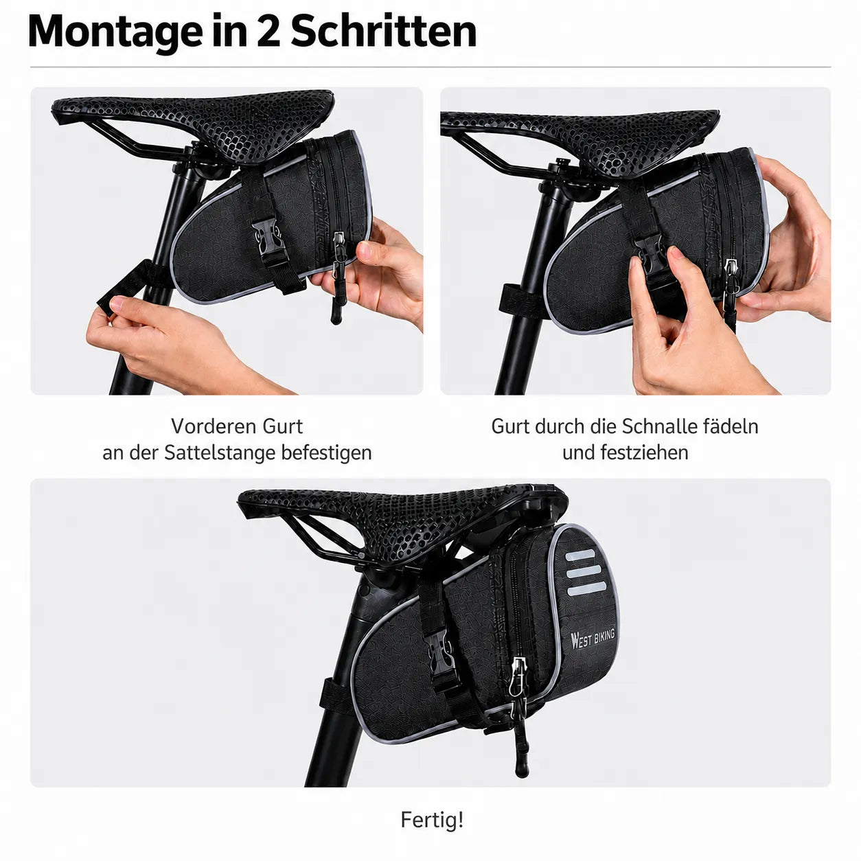 Kompakte Satteltasche in 2 Schritten montiert, sicher fixiert und sofort einsatzbereit für jede Tour