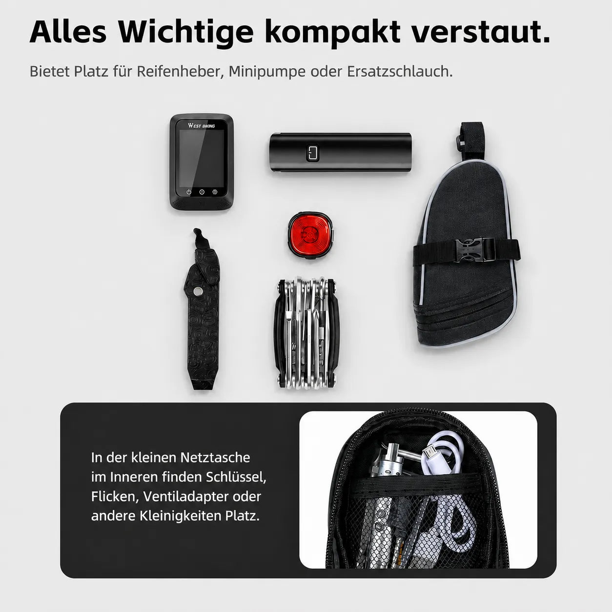 Kompakte Satteltasche mit Platz für Reifenheber, Minipumpe und Zubehör – alles Wichtige sicher verstaut
