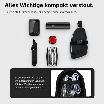 Kompakte Satteltasche mit Platz für Reifenheber, Minipumpe und Zubehör – alles Wichtige sicher verstaut