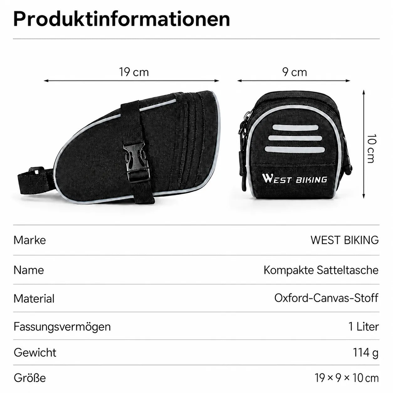 Kompakte Satteltasche 19x9x10 cm, 1 Liter, ultraleicht mit 114 g, wetterfest und ideal für jede Tour