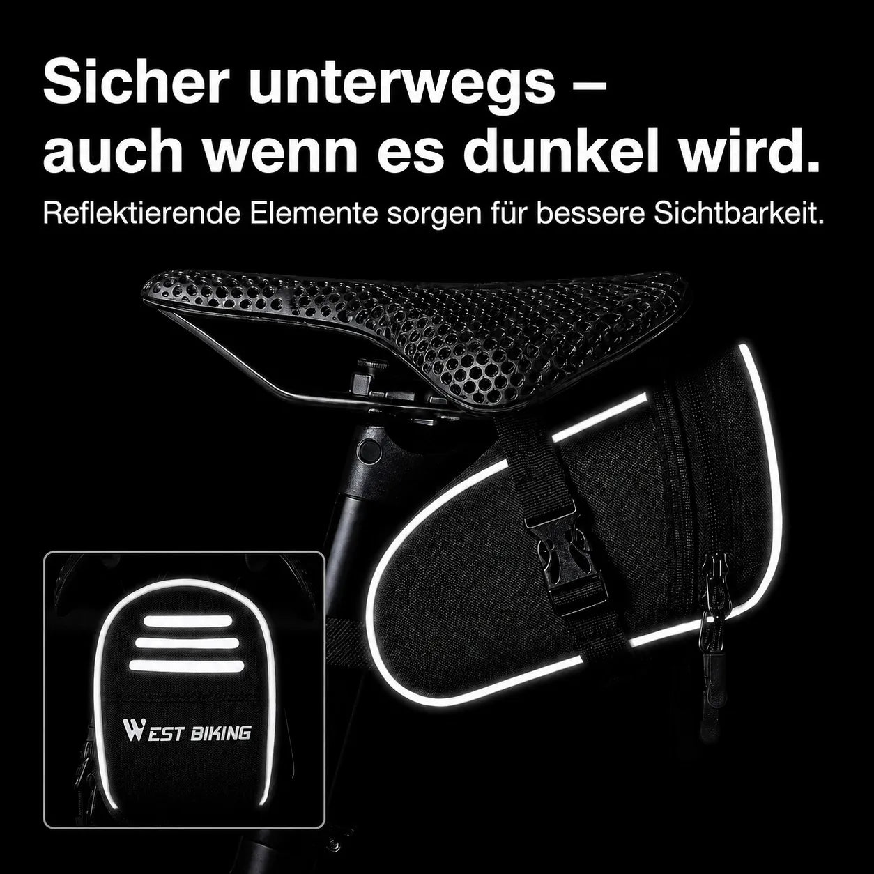 Kompakte Satteltasche mit reflektierenden Elementen für mehr Sicherheit und Sichtbarkeit bei Dunkelheit