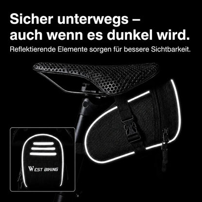 Kompakte Satteltasche mit reflektierenden Elementen für mehr Sicherheit und Sichtbarkeit bei Dunkelheit