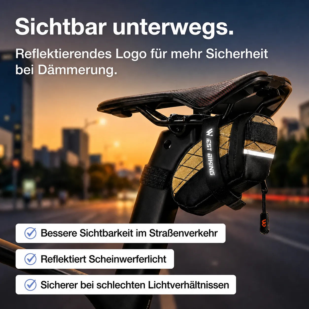 Mini-Fahrrad-Satteltasche mit reflektierendem Logo – klein, leicht und sichtbar bei Dämmerung für mehr Sicherheit