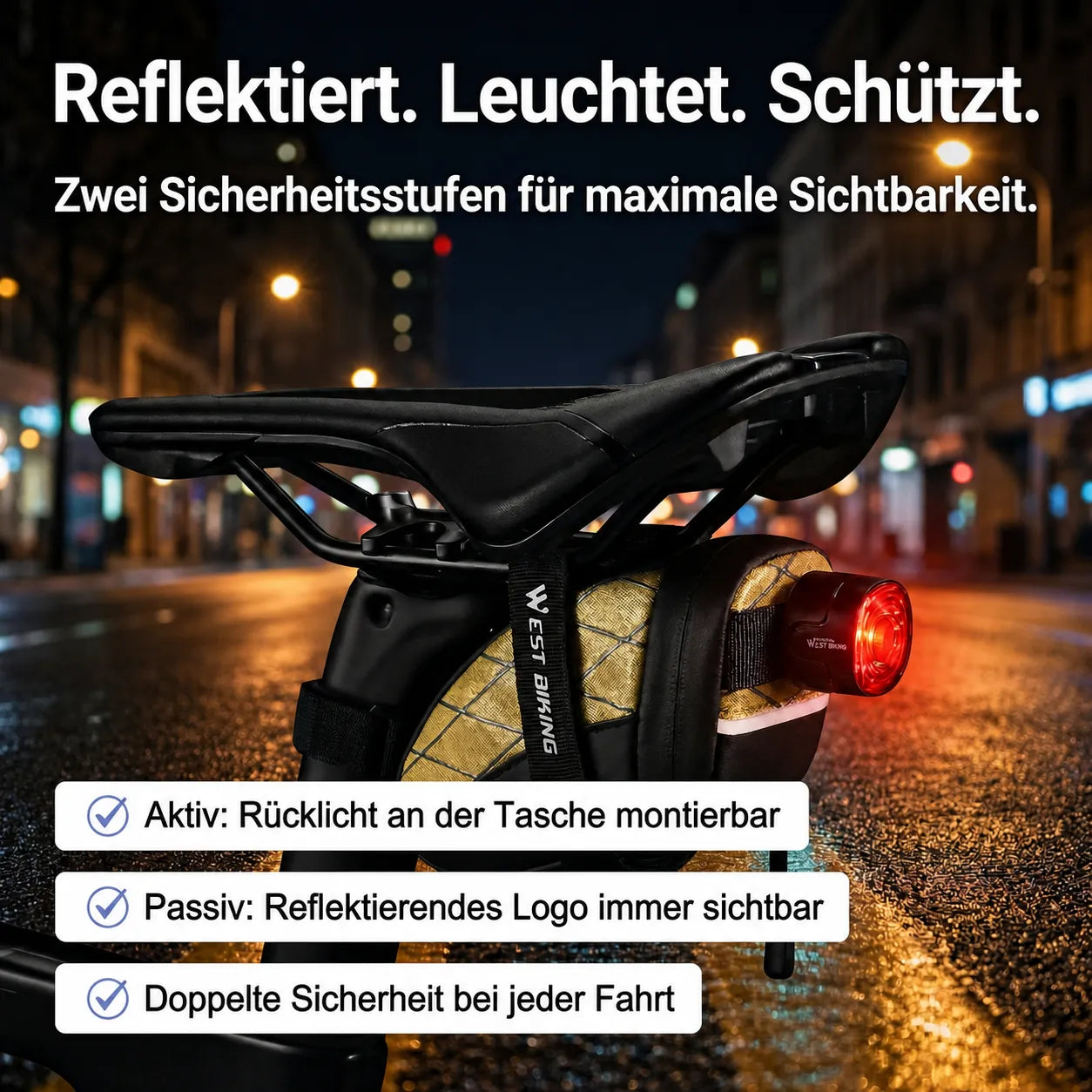 Mini-Fahrrad-Satteltasche mit Rücklicht-Halterung & Reflektor – maximale Sichtbarkeit und Sicherheit bei Nacht