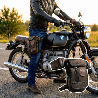 Motorrad-Beintasche im Vintage-Look – körpernah, beweglich und stylisch für jede Tour griffbereit