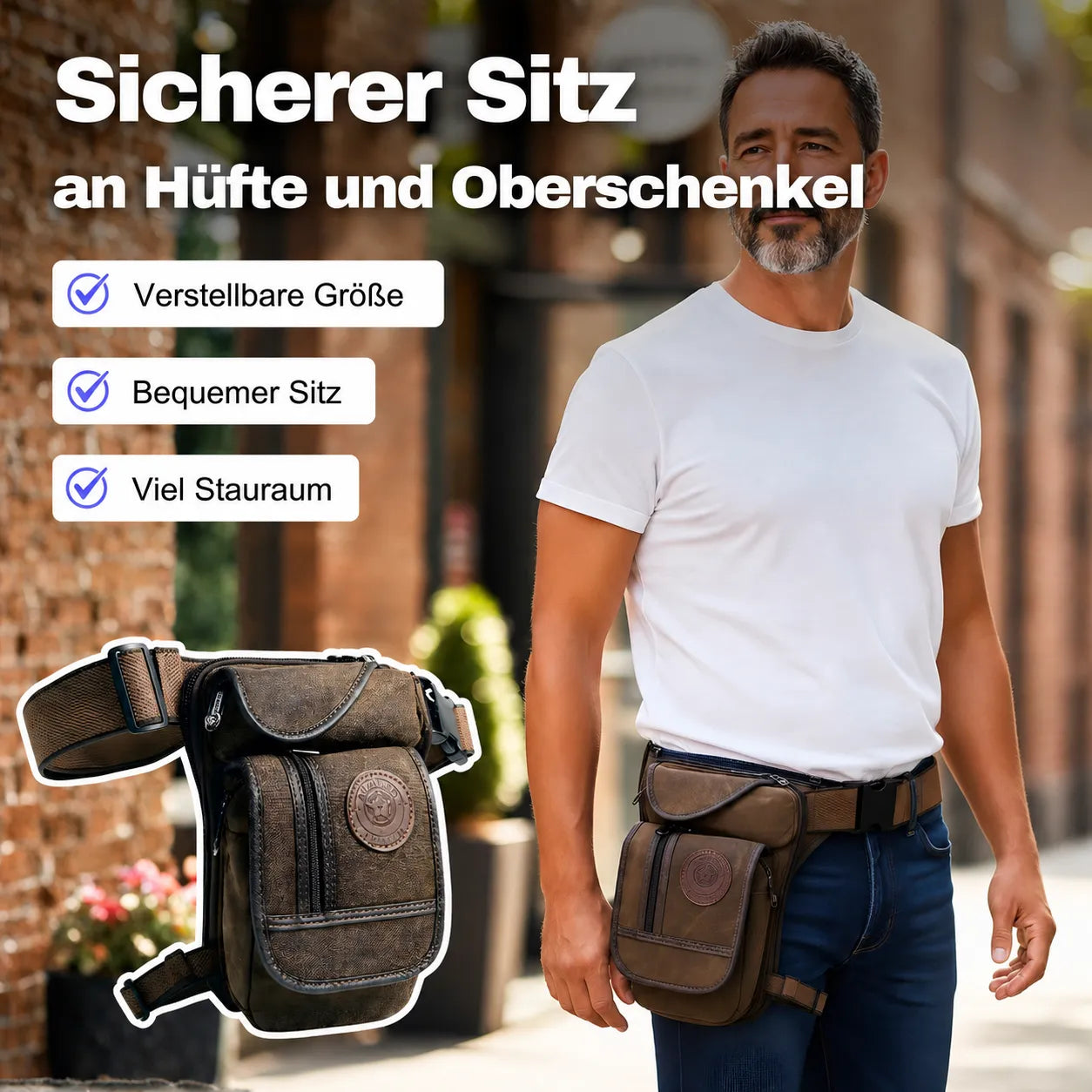 Motorrad-Beintasche – verstellbar, bequem mit sicherem Sitz an Hüfte & Oberschenkel und viel Stauraum