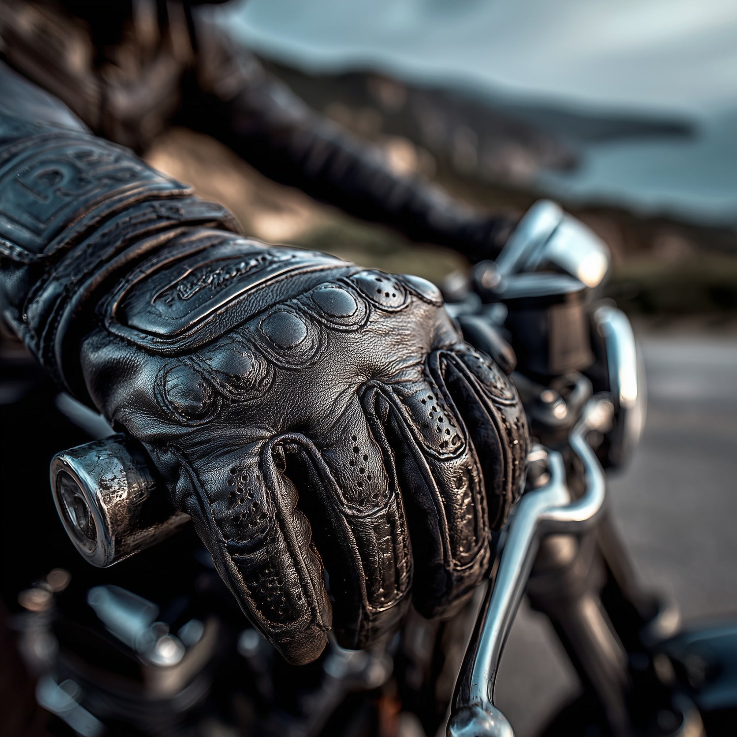 Motorradfahrer mit Handschuh am Lenker – funktionales Motorradzubehör für sichere Fahrten bei FAHRFREUDE24