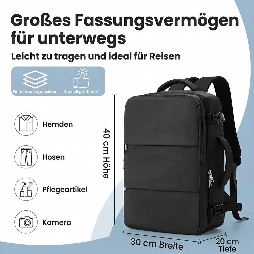 Reiserucksack 40x30x20 cm – Leicht gepackt. Gut organisiert.