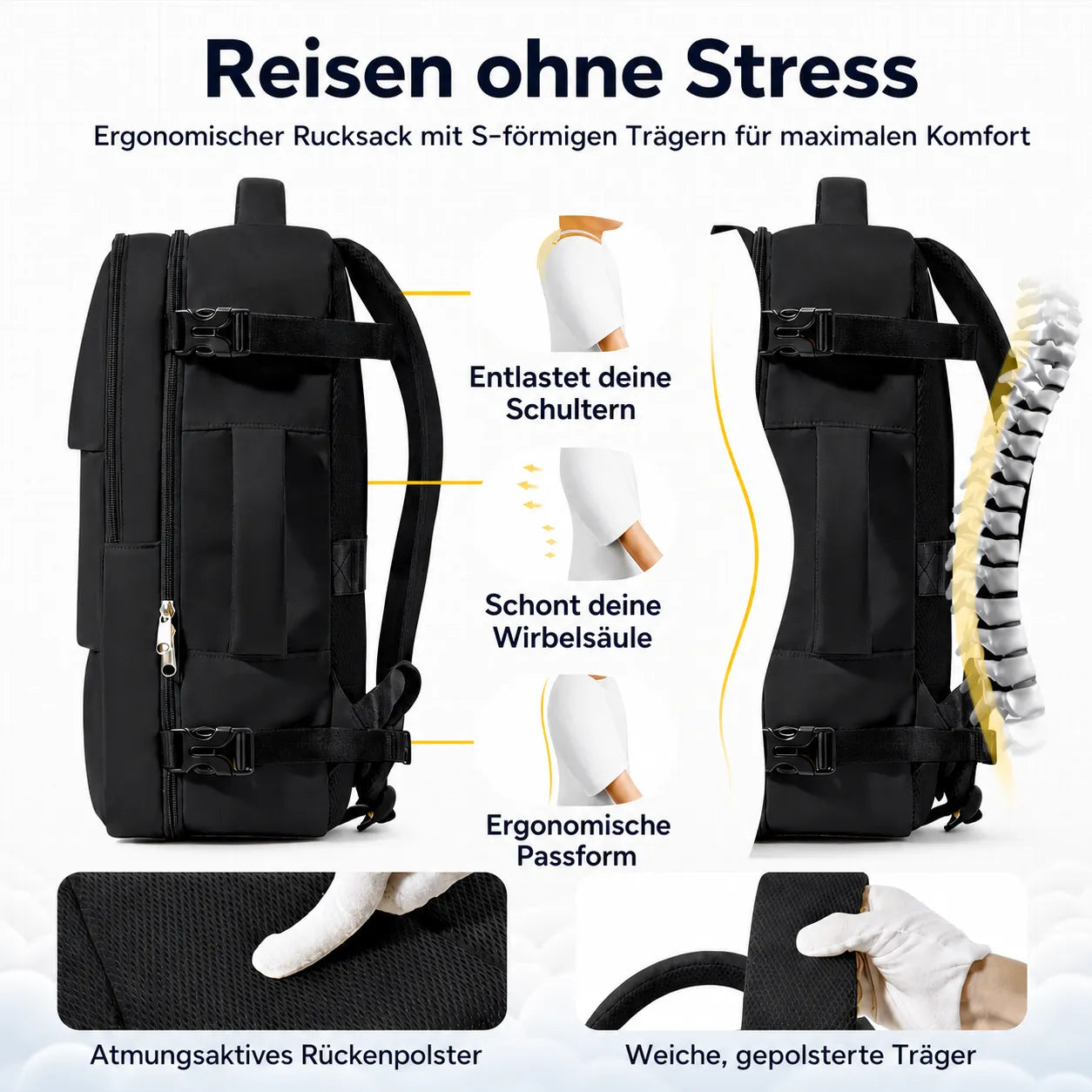Ergonomischer Reiserucksack 40x30x20 cm mit gepolsterten S‑Trägern und atmungsaktivem Rückenpolster für maximalen Tragekomfort