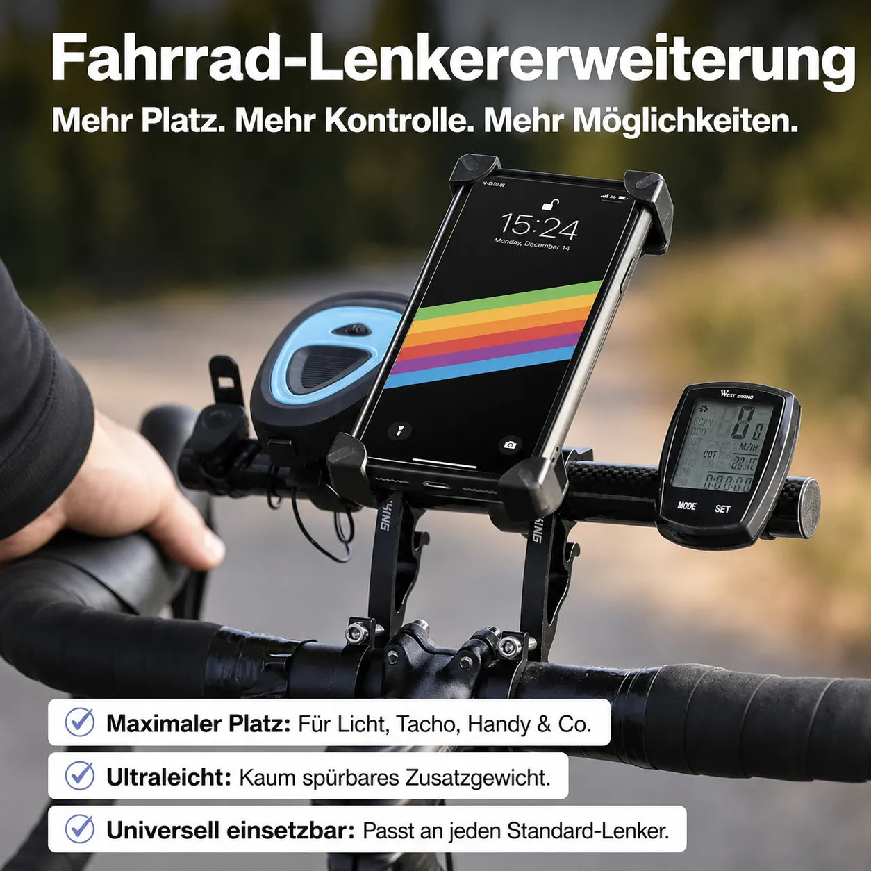 Fahrrad-Lenkererweiterung – mehr Platz für Handy, Tacho & Licht, ultraleicht und universell an jedem Lenker